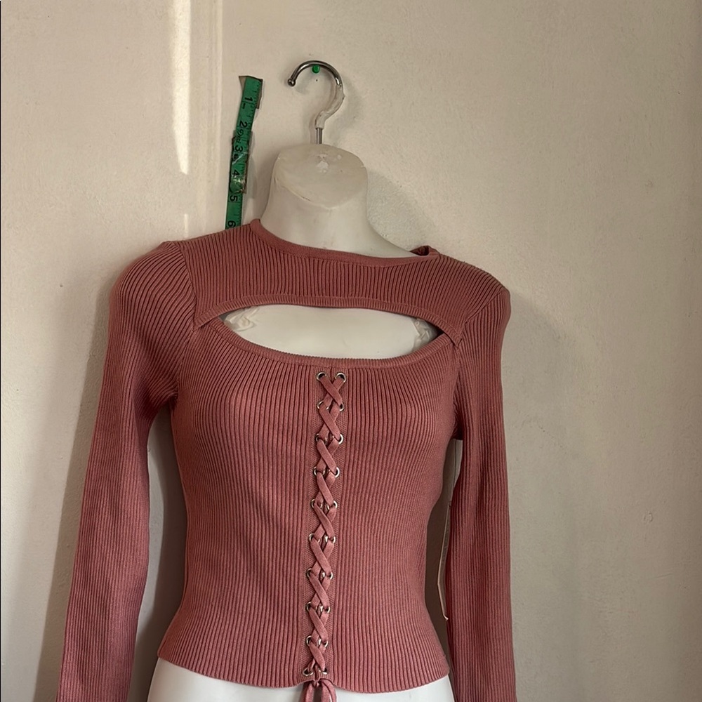 Women's Pink Lace-Up Ribbed Top